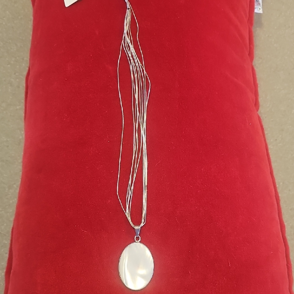 American Indian 5 Strand Liquid Silver Necklace With Mother Of Pearl pendent 12"